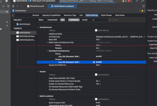 set arm64 for excluded architecture firebaseUI